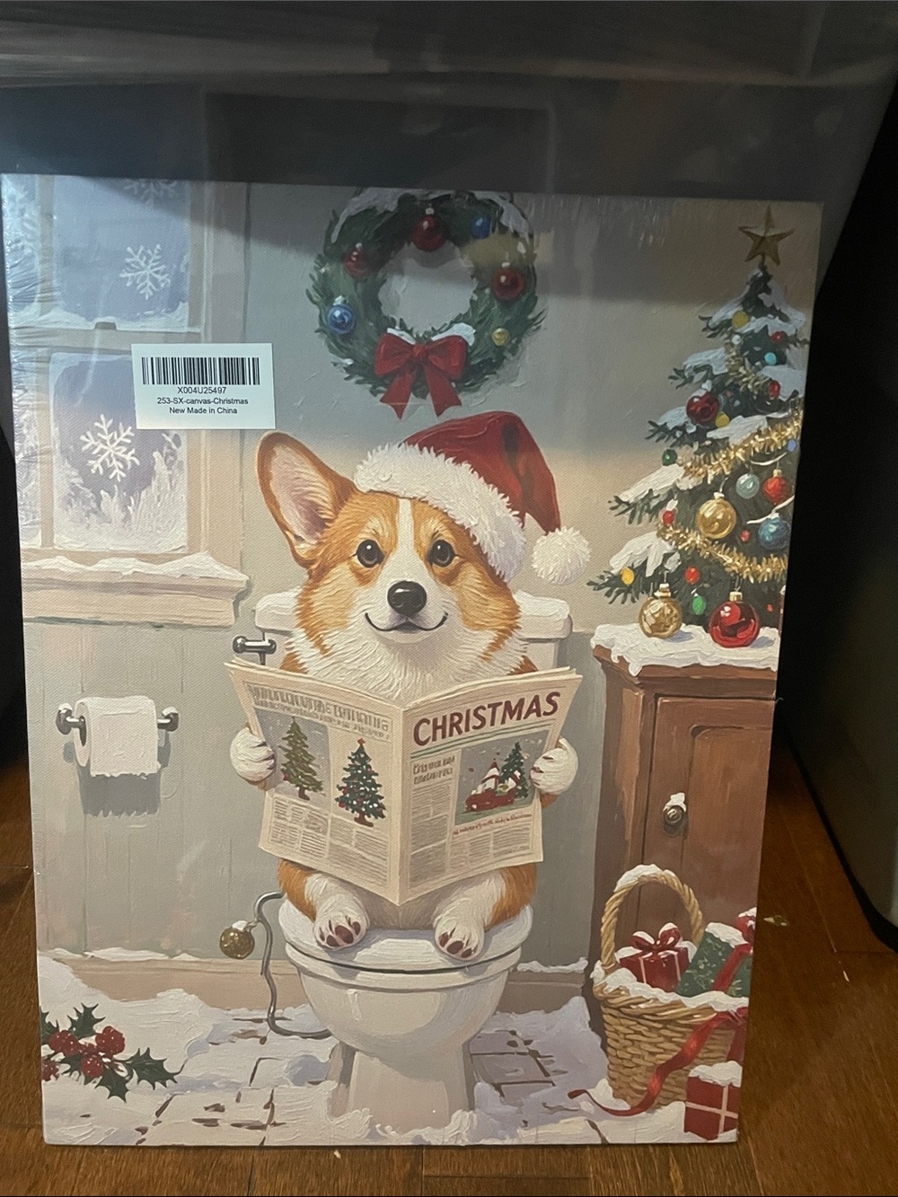Holiday Corgi Canvas Wall Art - Festive Red and White